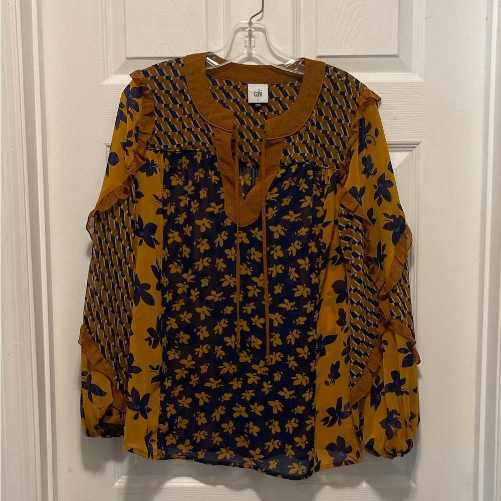 CAbi Womens 3953 Harmony Blue & Mustard Floral & Geometric Blouse Size small